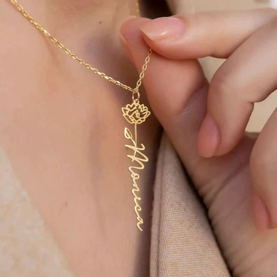 Picture of 1 Piece 304 Stainless Steel Birth Month Flower Customized Name Necklace Personalized Letter Charm Pendant Gold Plated