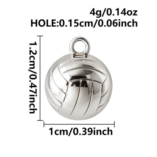5 個 エコフレンドリー 304ステンレス鋼 スポーツ チャーム 卸売り シルバートーン バレーボール 3D 12mm x 10mm、 の画像