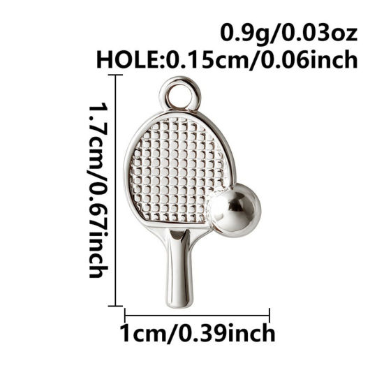 5 個 エコフレンドリー 304ステンレス鋼 スポーツ チャーム 卸売り シルバートーン 卓球パドル 3D 17mm x 10mm、 の画像