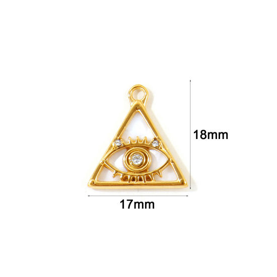 2 個 エコフレンドリー PVD 防水 耐変色性の 低アレルギー性の 304ステンレス鋼 & 天然シェル 宗教 チャーム 卸売り 18Kリアルゴールドメッキ 白 三角形 プロビデンスの目/すべてを見通す目 マイクロパヴェ 透明 ラインストーン 18mm x 17mm、 の画像