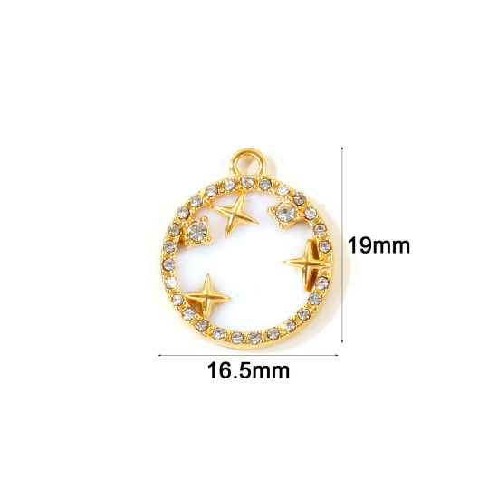 2 個 エコフレンドリー PVD 防水 耐変色性の 低アレルギー性の 304ステンレス鋼 & 天然シェル 宇宙銀河シリーズ チャーム 卸売り 18Kリアルゴールドメッキ 白 円形 スター マイクロパヴェ 透明 ラインストーン 19mm x 16.5mm、 の画像