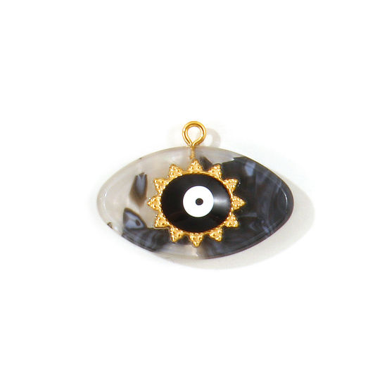 2 個 エコフレンドリー PVD 防水 耐変色性の 低アレルギー性の 304ステンレス鋼＋樹脂 宗教 ペンダント 卸売り 18Kリアルゴールドメッキ 黒 エナメル マーキス 邪眼 3.2cm x 2.3cm、 の画像