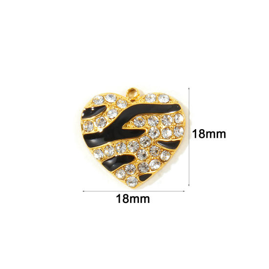 2 個 エコフレンドリー PVD 防水 耐変色性の 低アレルギー性の 304ステンレス鋼 バレンタイン・デー チャーム 卸売り 18Kリアルゴールドメッキ 黒 エナメル ハート ヒョウ柄 マイクロパヴェ 透明 ラインストーン 18mm x 18mm、 の画像