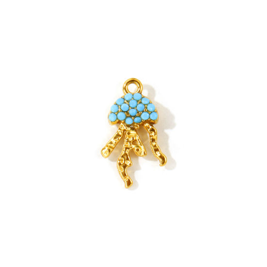 2 PCs Eco-friendly PVD Waterproof Anti-Tarnish Hypoallergenic 304 Stainless Steel Ocean Jewelry Charms Wholesale 18K Real Gold Plated Jellyfish Micro Pave Blue Cubic Zirconia 15mm x 9mm の画像