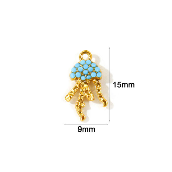 2 PCs Eco-friendly PVD Waterproof Anti-Tarnish Hypoallergenic 304 Stainless Steel Ocean Jewelry Charms Wholesale 18K Real Gold Plated Jellyfish Micro Pave Blue Cubic Zirconia 15mm x 9mm の画像