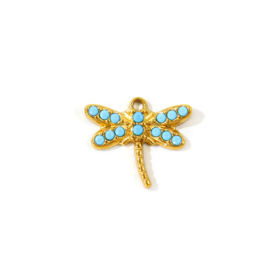 2 PCs Eco-friendly PVD Waterproof Anti-Tarnish Hypoallergenic 304 Stainless Steel Insect Charms Wholesale 18K Real Gold Plated Dragonfly Animal Micro Pave Blue Cubic Zirconia 15mm x 13mm の画像
