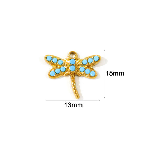 2 PCs Eco-friendly PVD Waterproof Anti-Tarnish Hypoallergenic 304 Stainless Steel Insect Charms Wholesale 18K Real Gold Plated Dragonfly Animal Micro Pave Blue Cubic Zirconia 15mm x 13mm の画像