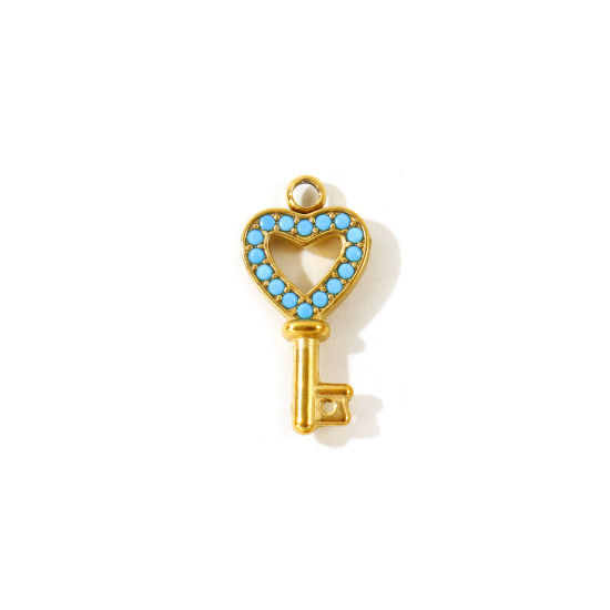2 PCs Eco-friendly PVD Waterproof Anti-Tarnish Hypoallergenic 304 Stainless Steel Valentine's Day Charms Wholesale 18K Real Gold Plated Key Heart Micro Pave Blue Cubic Zirconia 18.5mm x 9mm の画像
