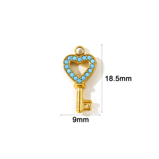 2 PCs Eco-friendly PVD Waterproof Anti-Tarnish Hypoallergenic 304 Stainless Steel Valentine's Day Charms Wholesale 18K Real Gold Plated Key Heart Micro Pave Blue Cubic Zirconia 18.5mm x 9mm の画像