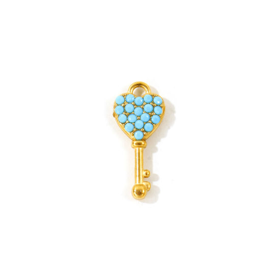 2 PCs Eco-friendly PVD Waterproof Anti-Tarnish Hypoallergenic 304 Stainless Steel Valentine's Day Charms Wholesale 18K Real Gold Plated Key Heart Micro Pave Blue Cubic Zirconia 18mm x 8mm の画像