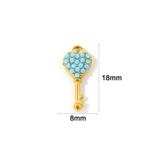 2 PCs Eco-friendly PVD Waterproof Anti-Tarnish Hypoallergenic 304 Stainless Steel Valentine's Day Charms Wholesale 18K Real Gold Plated Key Heart Micro Pave Blue Cubic Zirconia 18mm x 8mm の画像