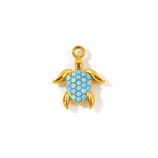 2 PCs Eco-friendly PVD Waterproof Anti-Tarnish Hypoallergenic 304 Stainless Steel Ocean Jewelry Charms Wholesale 18K Real Gold Plated Tortoise Animal Micro Pave Blue Cubic Zirconia 14mm x 11.5mm の画像