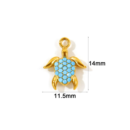 2 PCs Eco-friendly PVD Waterproof Anti-Tarnish Hypoallergenic 304 Stainless Steel Ocean Jewelry Charms Wholesale 18K Real Gold Plated Tortoise Animal Micro Pave Blue Cubic Zirconia 14mm x 11.5mm の画像