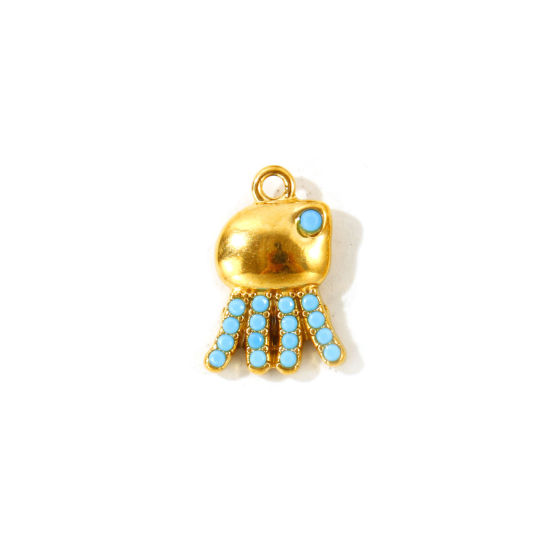 2 PCs Eco-friendly PVD Waterproof Anti-Tarnish Hypoallergenic 304 Stainless Steel Ocean Jewelry Charms Wholesale 18K Real Gold Plated Jellyfish Micro Pave Blue Cubic Zirconia 14.5mm x 10mm の画像