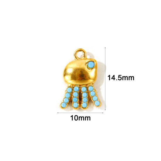 2 PCs Eco-friendly PVD Waterproof Anti-Tarnish Hypoallergenic 304 Stainless Steel Ocean Jewelry Charms Wholesale 18K Real Gold Plated Jellyfish Micro Pave Blue Cubic Zirconia 14.5mm x 10mm の画像