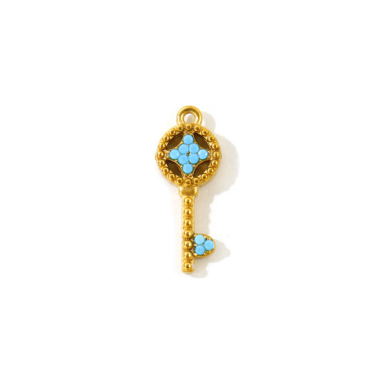 2 PCs Eco-friendly PVD Waterproof Anti-Tarnish Hypoallergenic 304 Stainless Steel Charms Wholesale 18K Real Gold Plated Key Micro Pave Blue Cubic Zirconia 18.5mm x 7mm の画像