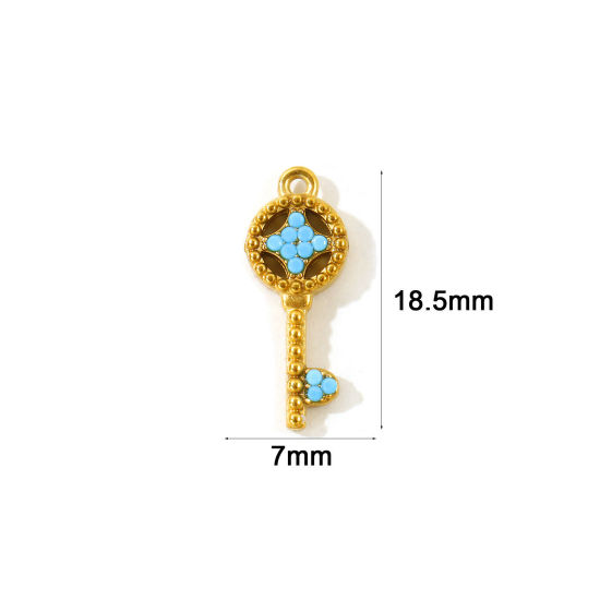 2 PCs Eco-friendly PVD Waterproof Anti-Tarnish Hypoallergenic 304 Stainless Steel Charms Wholesale 18K Real Gold Plated Key Micro Pave Blue Cubic Zirconia 18.5mm x 7mm の画像