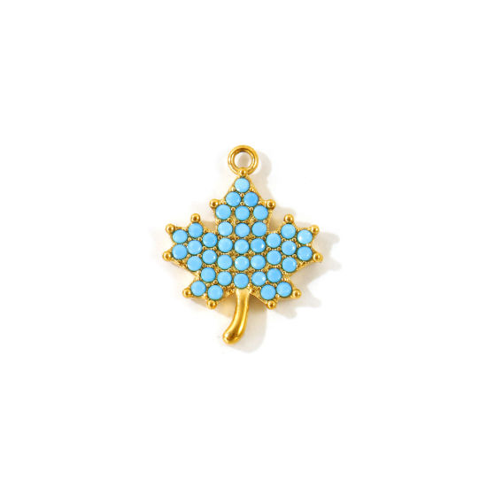 2 PCs Eco-friendly PVD Waterproof Anti-Tarnish Hypoallergenic 304 Stainless Steel Charms Wholesale 18K Real Gold Plated Maple Leaf Micro Pave Blue Cubic Zirconia 15.5mm x 12mm の画像