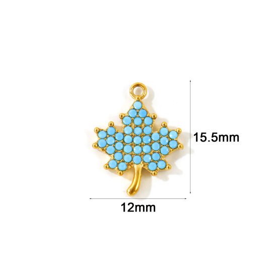 2 PCs Eco-friendly PVD Waterproof Anti-Tarnish Hypoallergenic 304 Stainless Steel Charms Wholesale 18K Real Gold Plated Maple Leaf Micro Pave Blue Cubic Zirconia 15.5mm x 12mm の画像