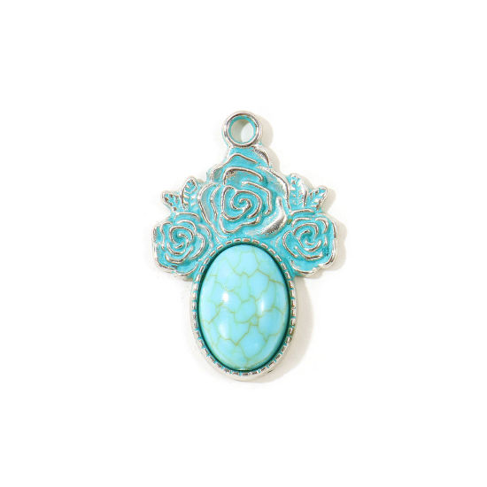 Picture of 5 PCs Zinc Based Alloy Boho Chic Bohemia Pendants Wholesale Antique Silver Color Green Blue Patina Finish Verdigris Effect Oval Rose Flower Imitation Turquoise 3cm x 2.1cm