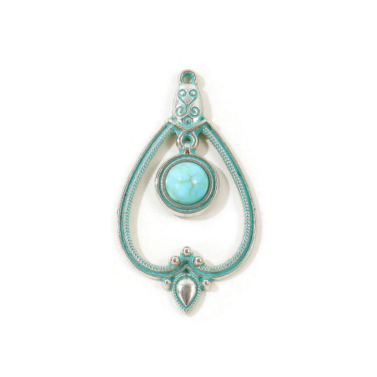 Picture of 5 PCs Zinc Based Alloy Boho Chic Bohemia Pendants Wholesale Antique Silver Color Green Blue Patina Finish Verdigris Effect Heart Imitation Turquoise 4.6cm x 2.6cm