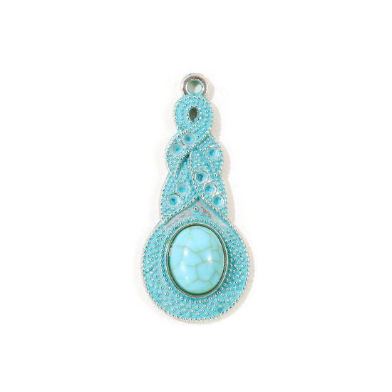 Picture of 5 PCs Zinc Based Alloy Boho Chic Bohemia Pendants Wholesale Antique Silver Color Green Blue Patina Finish Verdigris Effect Drop Imitation Turquoise 3.7cm x 1.6cm