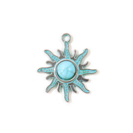Picture of 5 PCs Zinc Based Alloy Boho Chic Bohemia Charms Wholesale Antique Silver Color Green Blue Patina Finish Verdigris Effect Sun Imitation Turquoise 27mm x 23.5mm