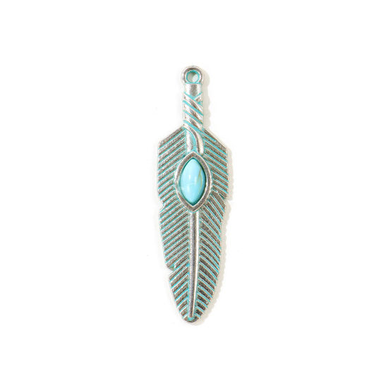 Picture of 5 PCs Zinc Based Alloy Boho Chic Bohemia Pendants Wholesale Antique Silver Color Green Blue Patina Finish Verdigris Effect Feather Imitation Turquoise 4.7cm x 1.3cm