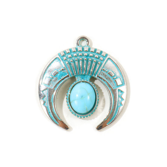 Picture of 5 PCs Zinc Based Alloy Boho Chic Bohemia Pendants Wholesale Antique Silver Color Green Blue Patina Finish Verdigris Effect Crescent Moon Double Horn Imitation Turquoise 3cm x 2.8cm
