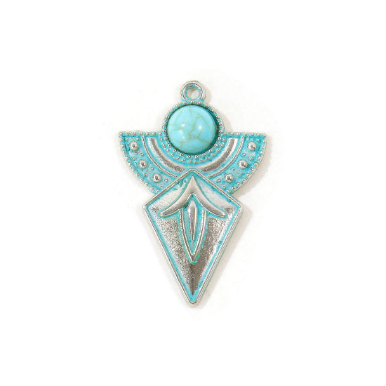 Picture of 5 PCs Zinc Based Alloy Boho Chic Bohemia Pendants Wholesale Antique Silver Color Green Blue Patina Finish Verdigris Effect Arrowhead Imitation Turquoise 3.8cm x 2.5cm