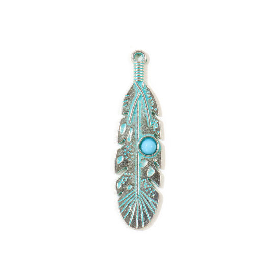 Picture of 5 PCs Zinc Based Alloy Boho Chic Bohemia Pendants Wholesale Antique Silver Color Green Blue Patina Finish Verdigris Effect Feather Imitation Turquoise 4.3cm x 1.1cm