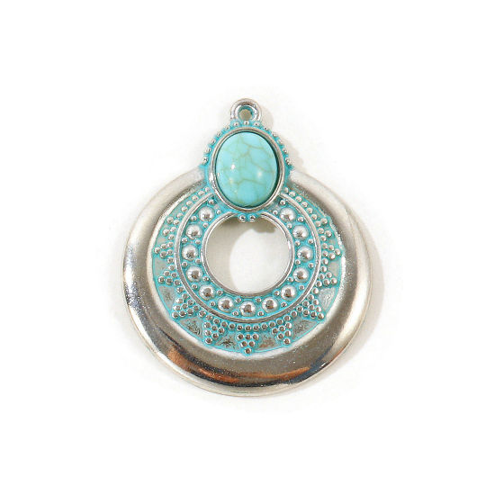 Picture of 5 PCs Zinc Based Alloy Boho Chic Bohemia Pendants Wholesale Antique Silver Color Green Blue Patina Finish Verdigris Effect Round Imitation Turquoise 3.9cm x 3.3cm