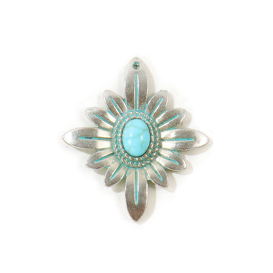 Picture of 5 PCs Zinc Based Alloy Boho Chic Bohemia Pendants Wholesale Antique Silver Color Green Blue Patina Finish Verdigris Effect Flower Imitation Turquoise 3.1cm x 2.7cm