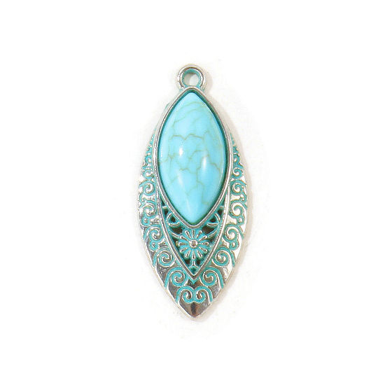 Picture of 5 PCs Zinc Based Alloy Boho Chic Bohemia Pendants Wholesale Antique Silver Color Green Blue Patina Finish Verdigris Effect Marquise Imitation Turquoise 3.5cm x 1.5cm