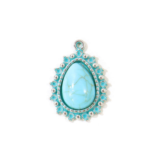 Picture of 5 PCs Zinc Based Alloy Boho Chic Bohemia Charms Wholesale Antique Silver Color Green Blue Patina Finish Verdigris Effect Drop Imitation Turquoise 24mm x 17mm