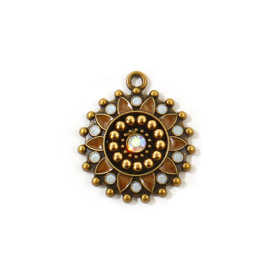 Picture of 5 PCs Zinc Based Alloy Boho Chic Bohemia Charms Wholesale Antique Bronze Coffee Enamel Round Flower AB Color Rhinestone 25mm x 22mm