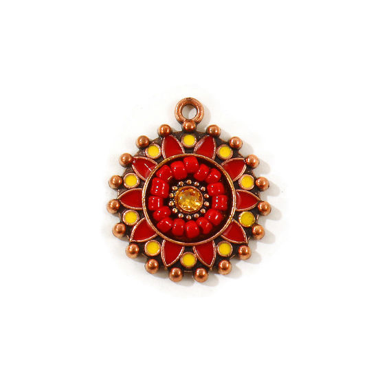 Picture of 5 PCs Zinc Based Alloy Boho Chic Bohemia Charms Wholesale Antique Copper Red Enamel Round Flower Yellow Rhinestone 25mm x 22mm