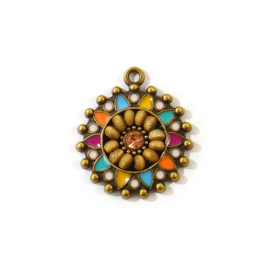 Picture of 5 PCs Zinc Based Alloy Boho Chic Bohemia Charms Wholesale Antique Bronze Peachy Beige Enamel Round Flower Champagne Rhinestone 25mm x 22mm