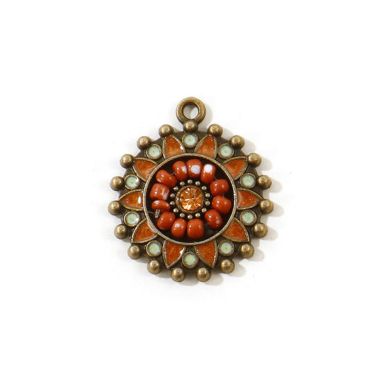 Picture of 5 PCs Zinc Based Alloy Boho Chic Bohemia Charms Wholesale Antique Bronze French Gray Enamel Round Flower Champagne Rhinestone 25mm x 22mm