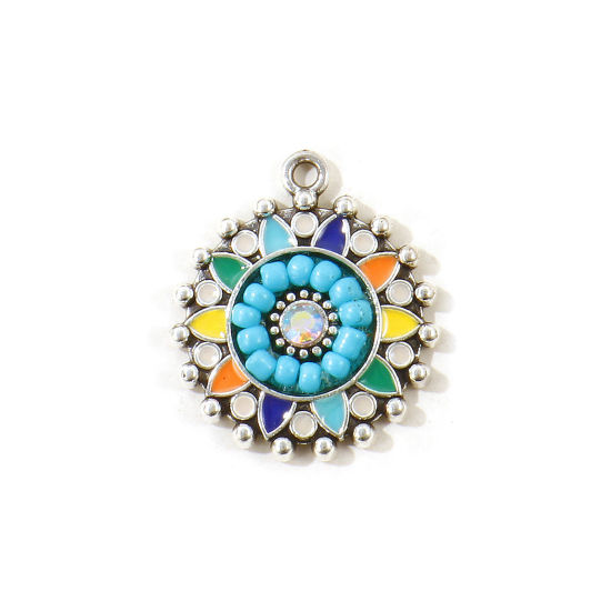 Picture of 5 PCs Zinc Based Alloy Boho Chic Bohemia Charms Wholesale Antique Silver Color Multicolor Enamel Round Flower AB Color Rhinestone 25mm x 22mm
