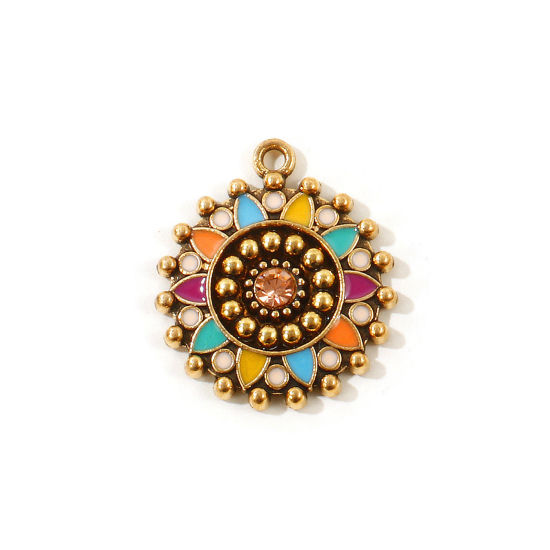 Picture of 5 PCs Zinc Based Alloy Boho Chic Bohemia Charms Wholesale Gold Tone Antique Gold Multicolor Enamel Round Flower Champagne Rhinestone 25mm x 22mm