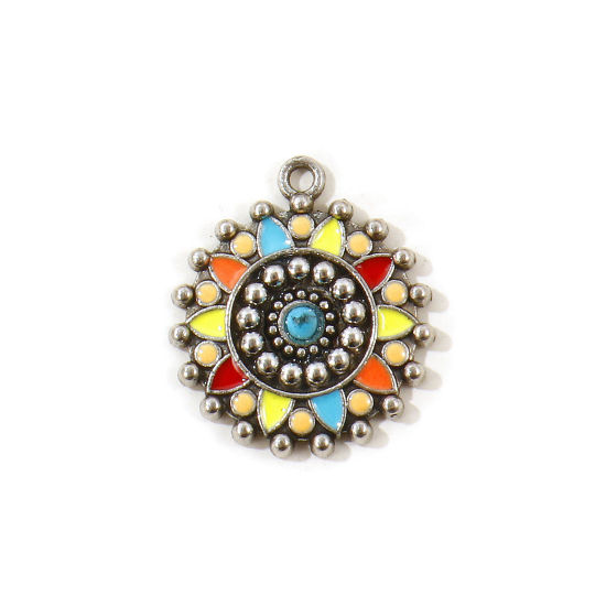 Picture of 5 PCs Zinc Based Alloy Boho Chic Bohemia Charms Wholesale Antique Silver Color Multicolor Enamel Round Flower Imitation Turquoise 25mm x 22mm