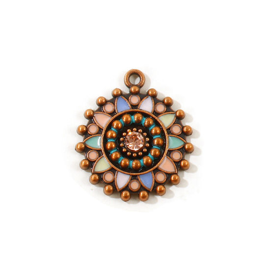 Picture of 5 PCs Zinc Based Alloy Boho Chic Bohemia Charms Wholesale Antique Copper Multicolor Enamel Round Flower Champagne Rhinestone 25mm x 22mm