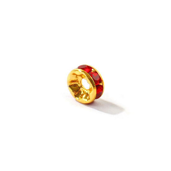 Picture of 20 PCs Eco-friendly 304 Stainless Steel Birthstone Rondelle Beads Wholesale 18K Gold Plated January Wine Red Rhinestone 8mm Dia., Hole: Approx 2.2mm