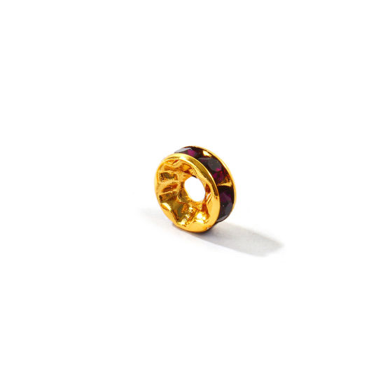 Picture of 20 PCs Eco-friendly 304 Stainless Steel Birthstone Rondelle Beads Wholesale 18K Gold Plated February Deep Purple Rhinestone 8mm Dia., Hole: Approx 2.2mm