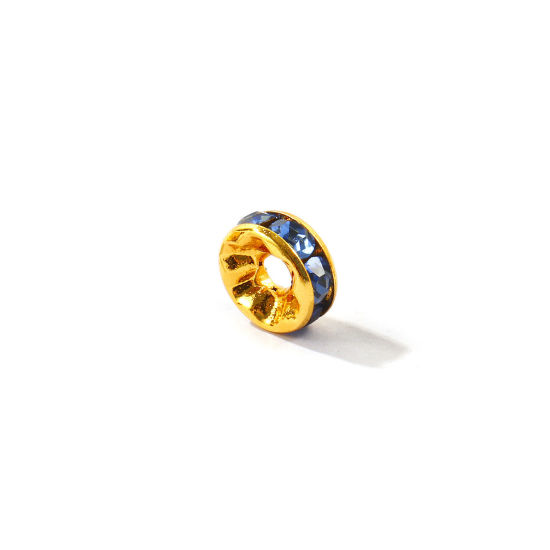 Picture of 20 PCs Eco-friendly 304 Stainless Steel Birthstone Rondelle Beads Wholesale 18K Gold Plated March Aqua Blue Rhinestone 8mm Dia., Hole: Approx 2.2mm