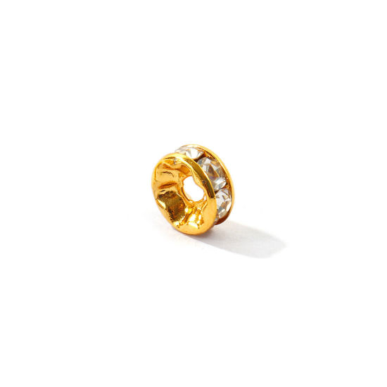 Picture of 20 PCs Eco-friendly 304 Stainless Steel Birthstone Rondelle Beads Wholesale 18K Gold Plated April Clear Rhinestone 8mm Dia., Hole: Approx 2.2mm