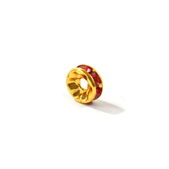 Picture of 20 PCs Eco-friendly 304 Stainless Steel Birthstone Rondelle Beads Wholesale 18K Gold Plated July Hot Pink Rhinestone 8mm Dia., Hole: Approx 2.2mm