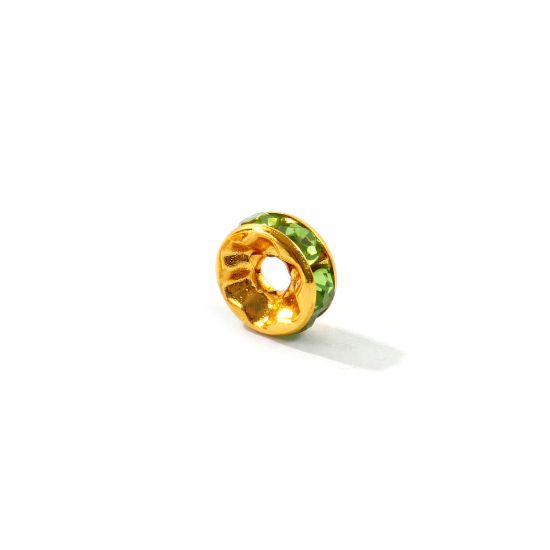 Picture of 20 PCs Eco-friendly 304 Stainless Steel Birthstone Rondelle Beads Wholesale 18K Gold Plated August Light Green Rhinestone 8mm Dia., Hole: Approx 2.2mm