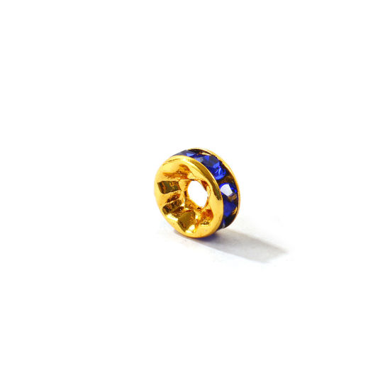 Picture of 20 PCs Eco-friendly 304 Stainless Steel Birthstone Rondelle Beads Wholesale 18K Gold Plated September Royal Blue Rhinestone 8mm Dia., Hole: Approx 2.2mm